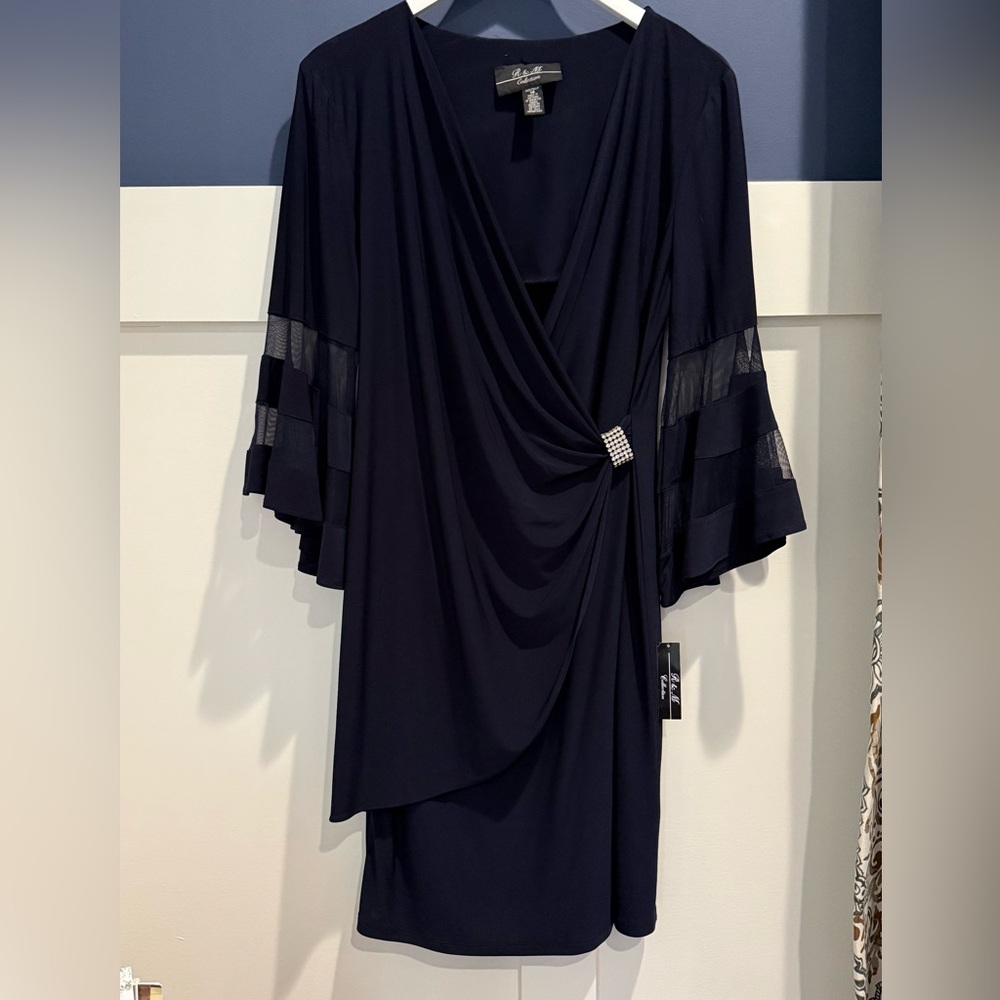 Stunning R&M Richards Navy Draped Dress with Rhinestone Buckle Size 14 NWT